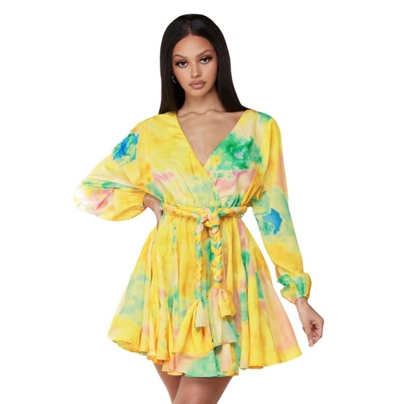 L’Atiste After Glow Tie Dye Rainbow Faux Wrap Belted Flare Skater Mini Dress - Picture 2 of 10